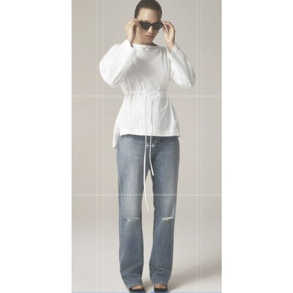 J.Crew Ciel Top Womens SZ M White Poplin Boatneck Side Button Waist Tie CI507 LS - Picture 1 of 7